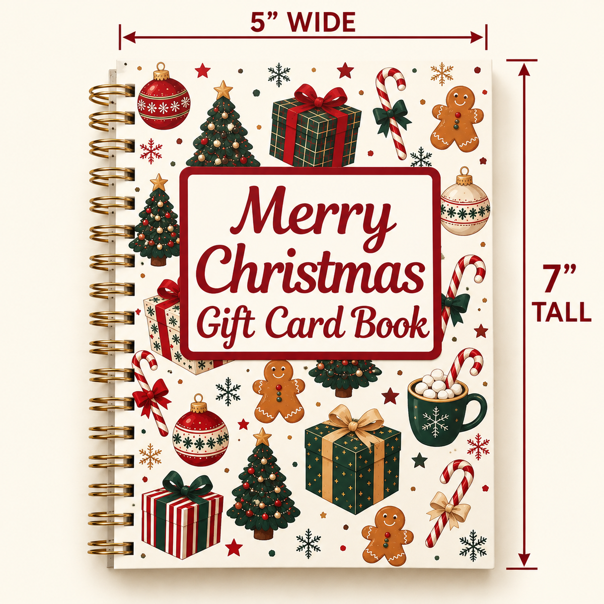 Christmas gift card book measuring 5 inches wide by 7 inches tall