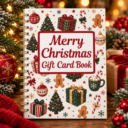 Traditional Christmas Gift Card Book cover on a table with Christmas decorations