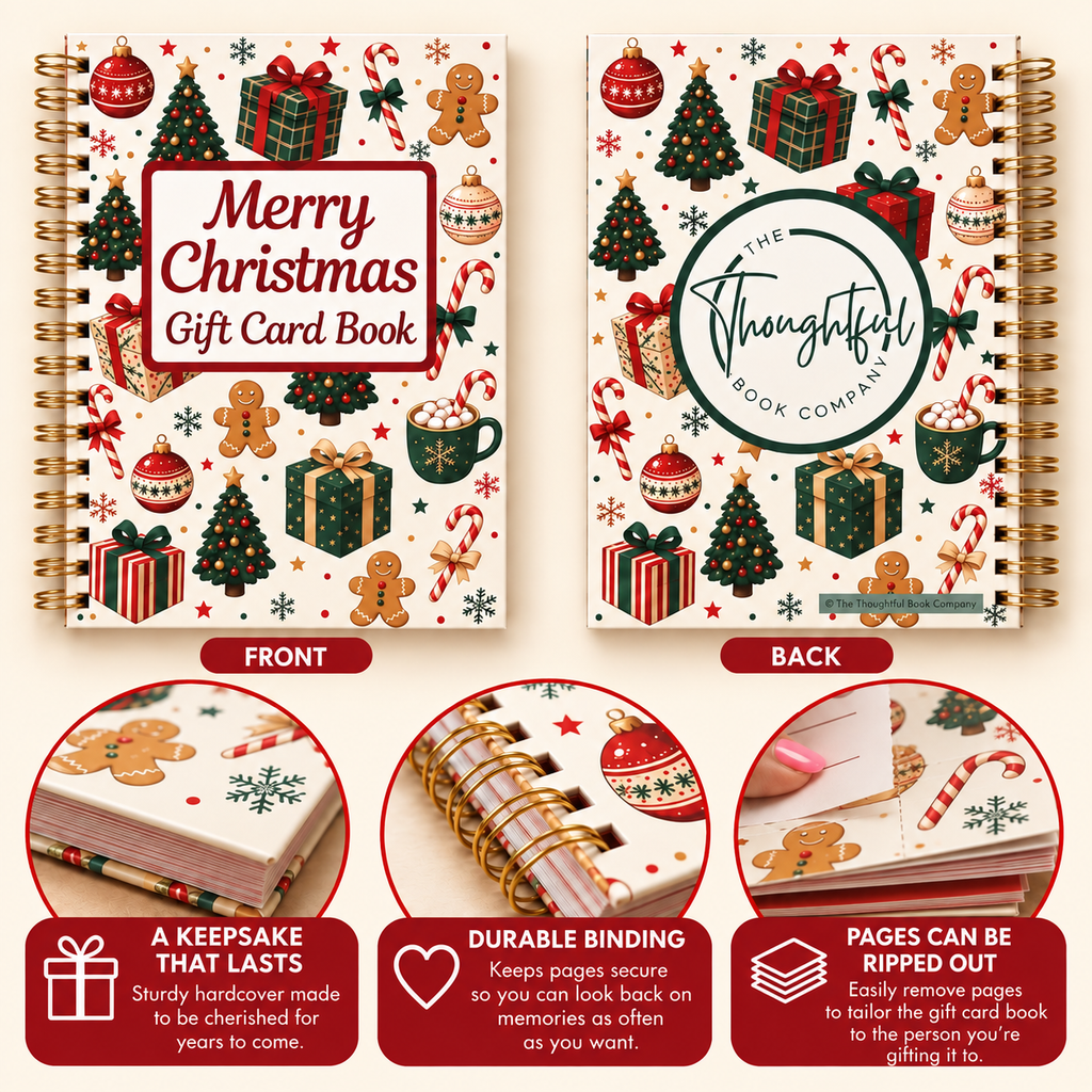 Front and back covers of the Christmas gift card book with close-ups of the hardcover, spiral binding and tear-out pages