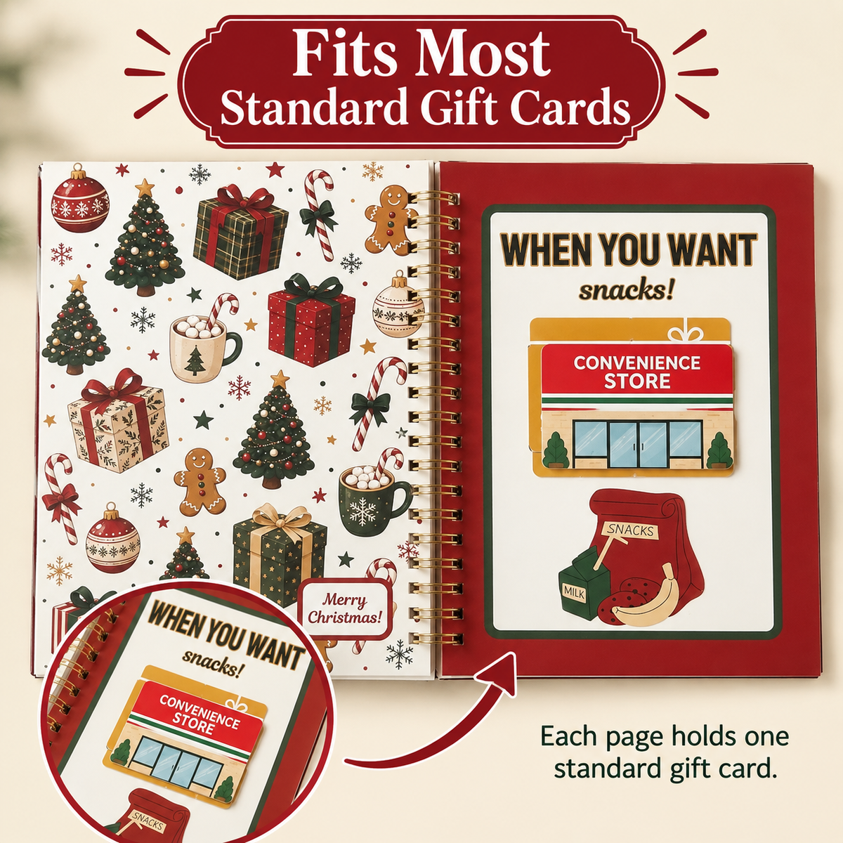 Open gift card book showing a page that holds one standard gift card
